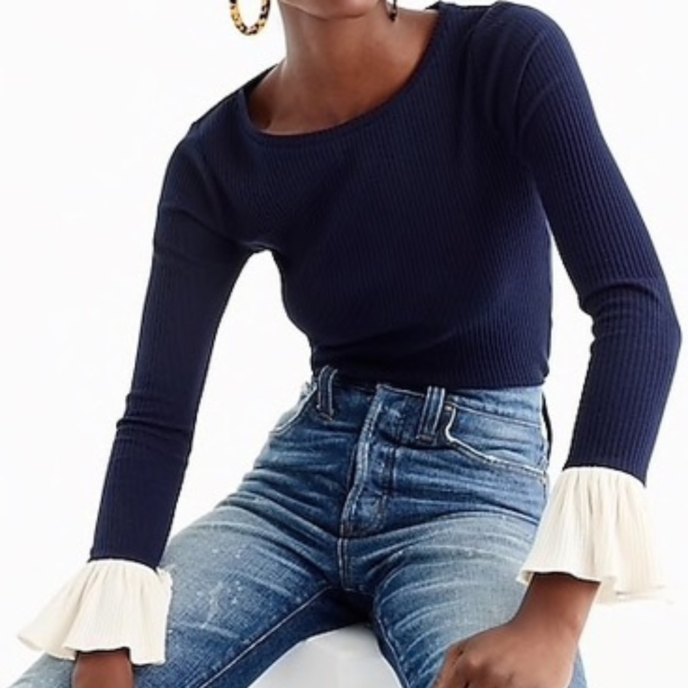 J Crew CREAM-colored Ribbed Bell-Sleeve Top Size M